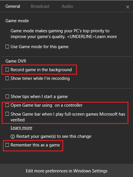 Uncheck Options in General Game Bar Settings