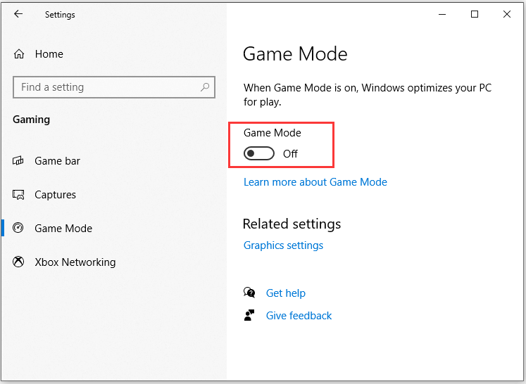 Turn off Game Mode in Windows Settings