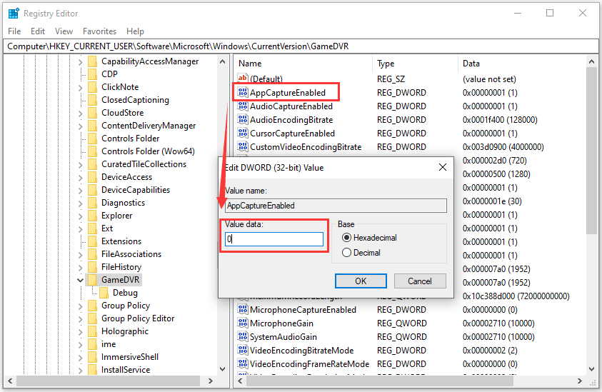 Change AppCaptureEnabled Value Data to 0