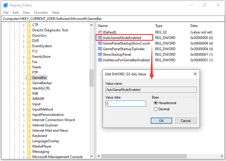 Change AutoGameModeEnabled Value to 0
