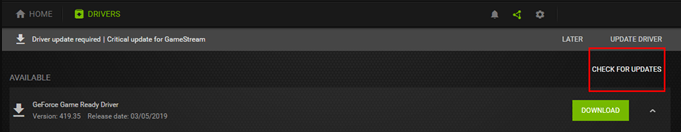 click on Check for updates on GeForce Experience
