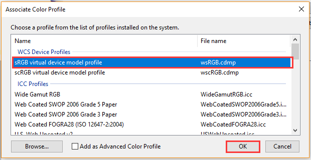 select sRGB virtual device model profile