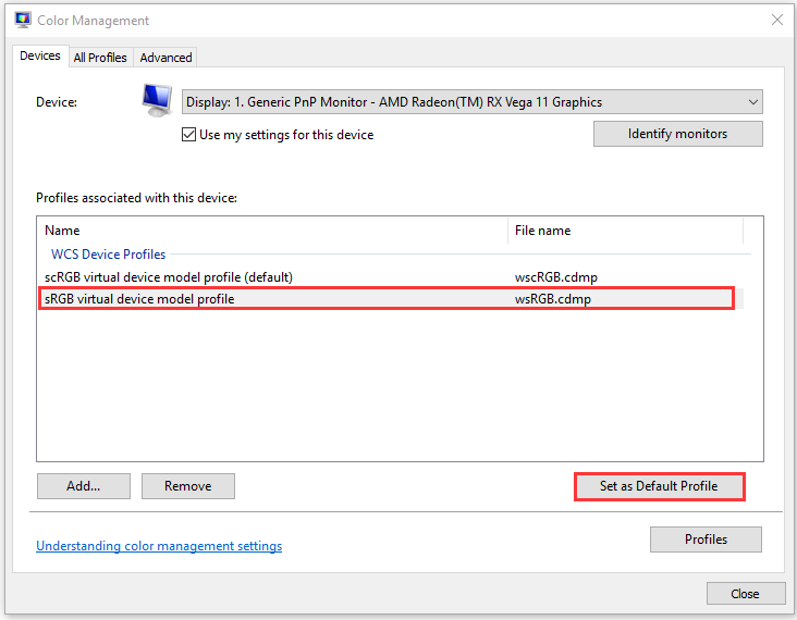 set sRGB virtual device model profile as default profile