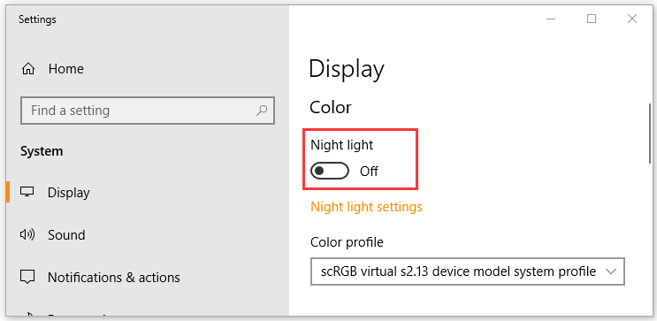 toggle the Night light option Off