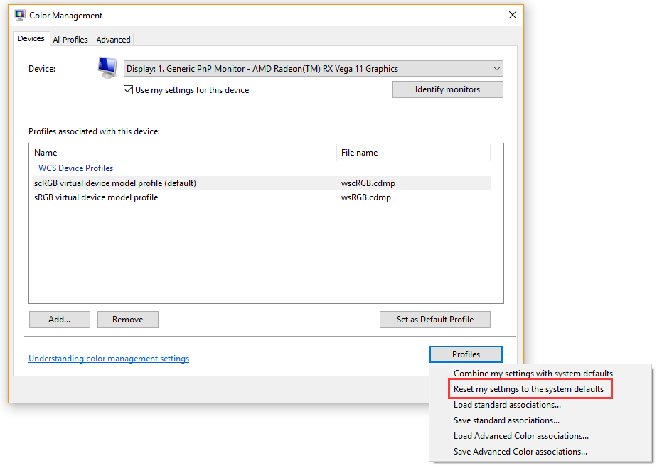 Reset my settings to the system defaults option