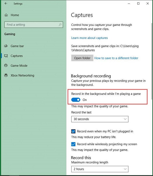 Windows Background Recording Settings