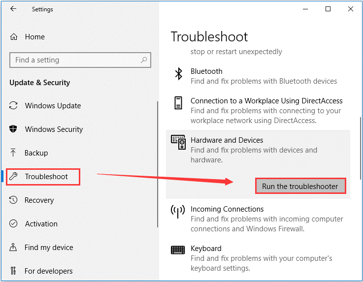 run Hardware and Devices troubleshooter