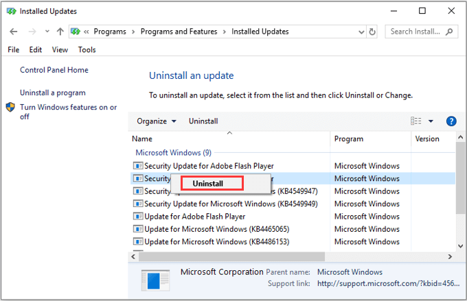 uninstall Windows updates