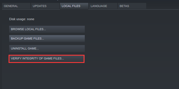 click VERIFY INTEGRITY OF GAME FILES
