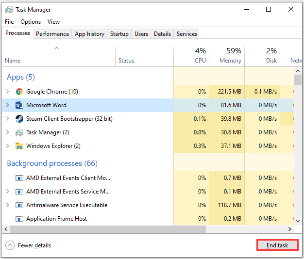click End task