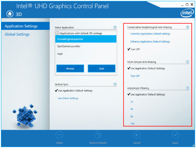modify Intel graphics card settings