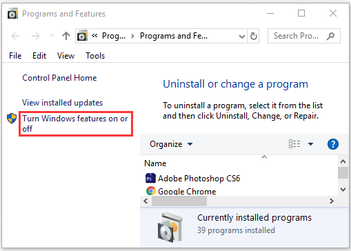 click on Turn Windows features on or off