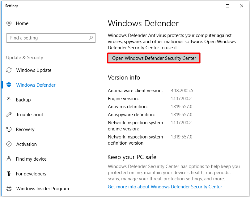 Open Windows Defender Security Center