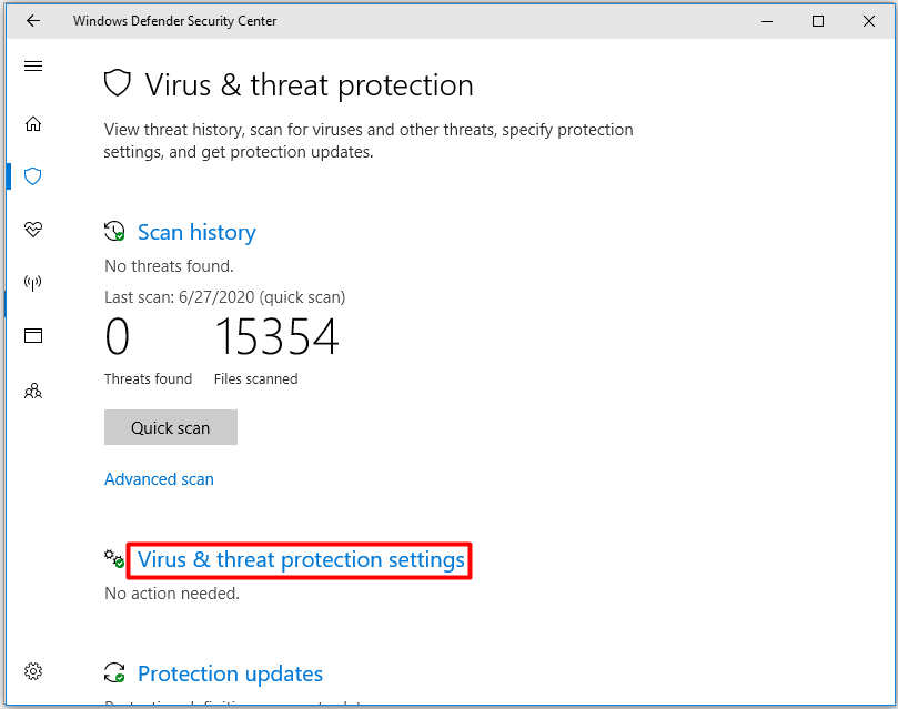 Virus and threat protection settings