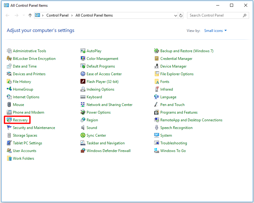 click the Recovery option