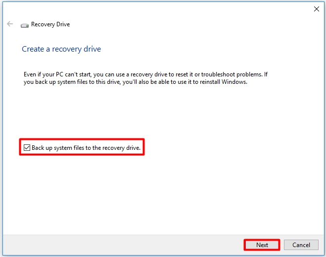 choose the system files backup option and click next