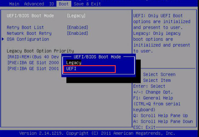 enable the UEFI boot mode