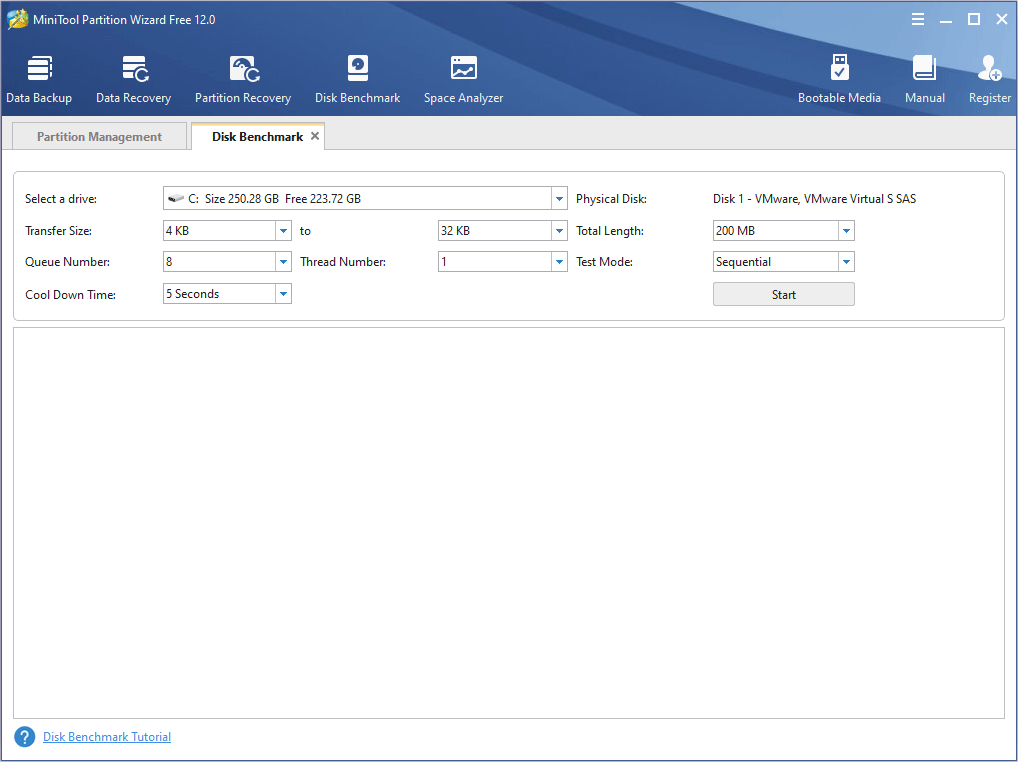 Select a drive and set parameters to test the disk performance