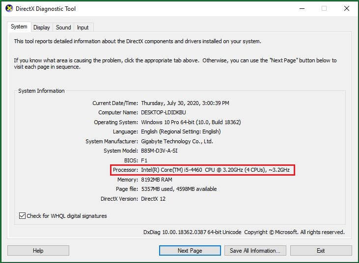 Find Processer in DirectX Diagnostic Tool