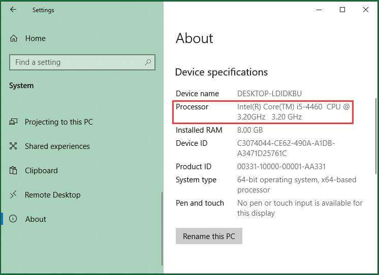 Check Processor in Windows Settings