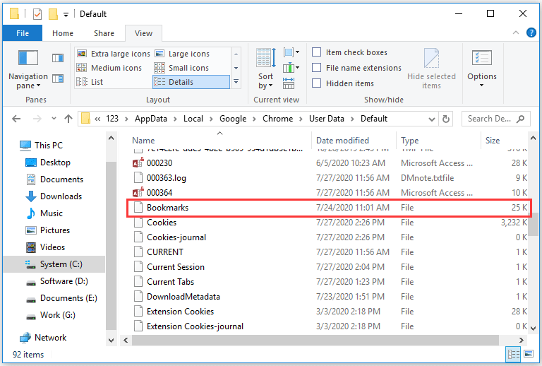 find Chrome bookmarks on Windows 10