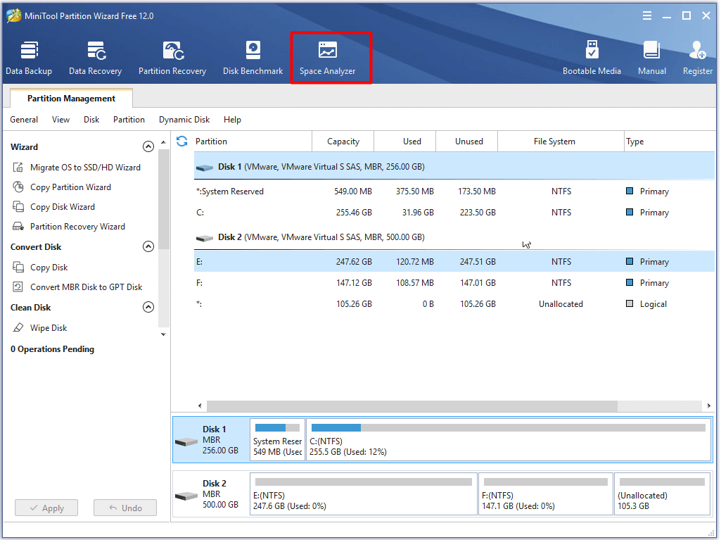 click space analyzer in the main interface
