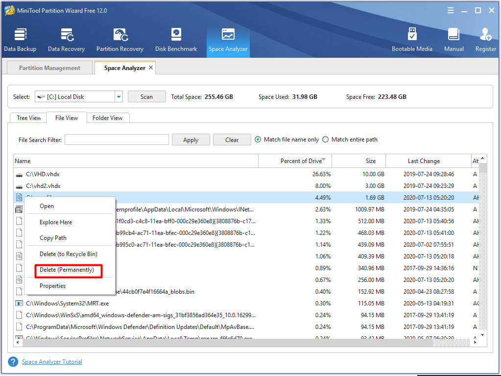 delete large and useless files or folders
