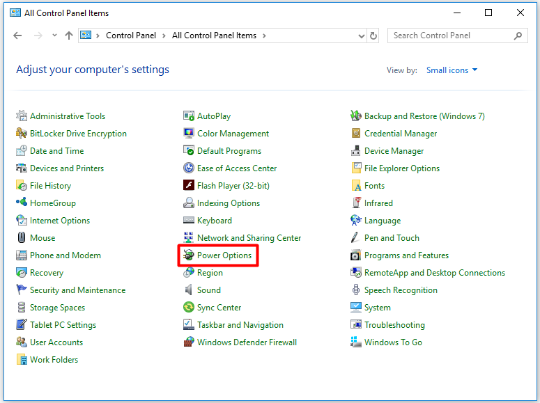 click on power options