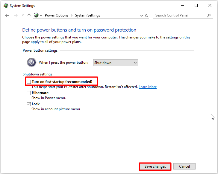 uncheck turn on fast startup option