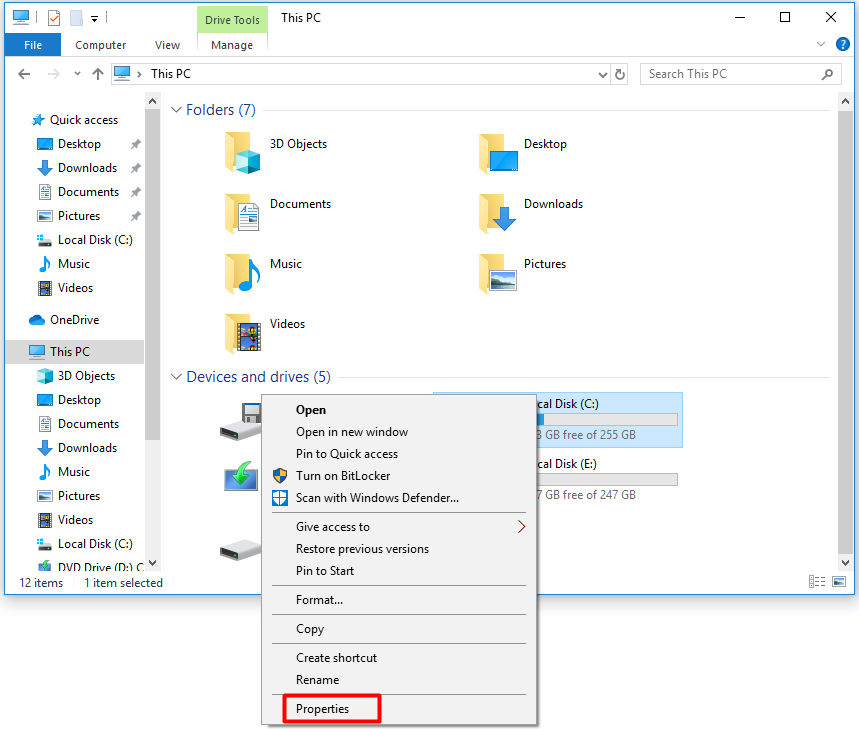 open the properties of local disk