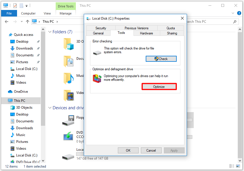 Click Optimize from the Properties window