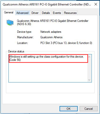 Windows is still setting up the class configuration for this device code 56