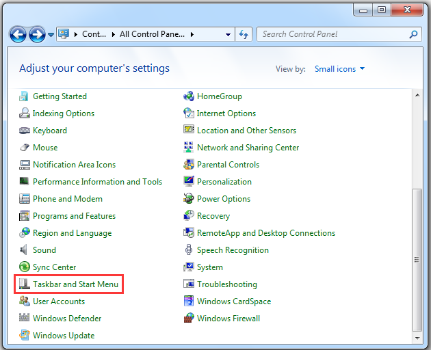 select Taskbar and Start Menu