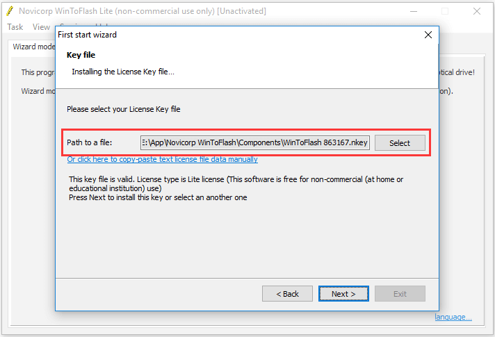 select the license key file