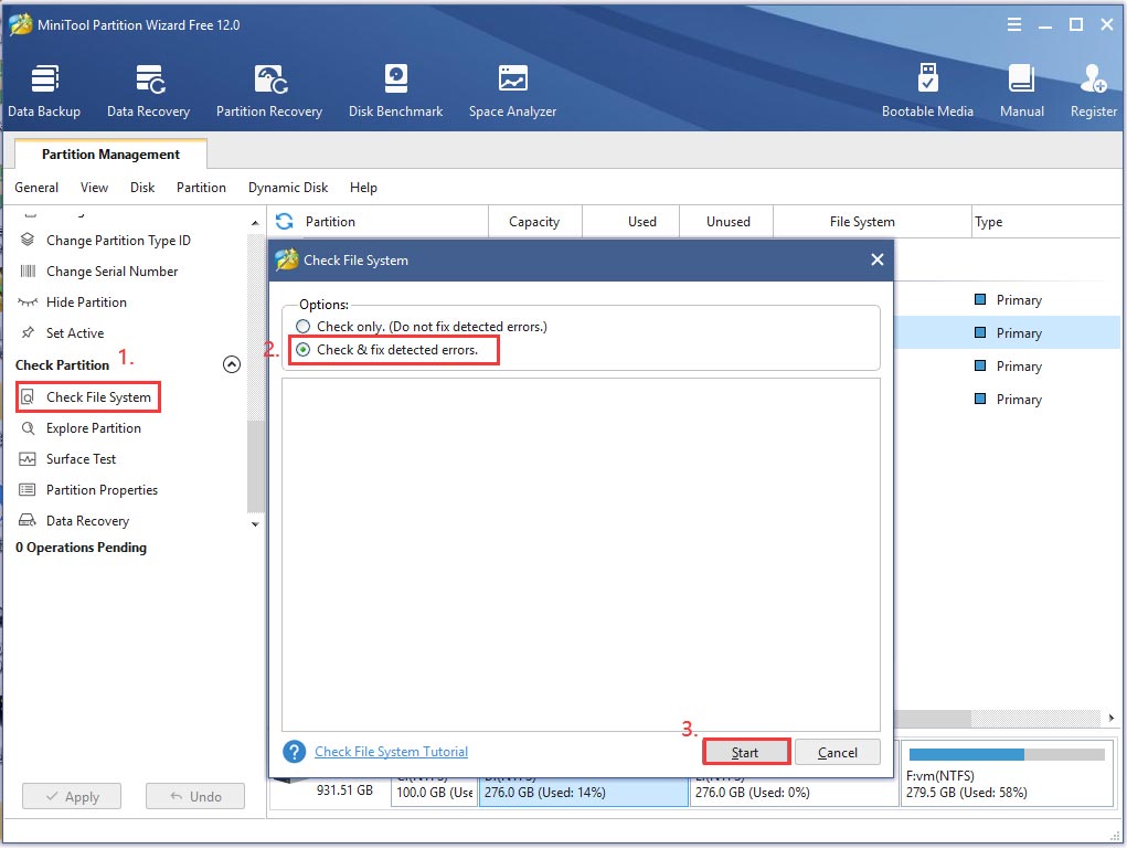the process of checking file system using MiniTool Partition Wizard