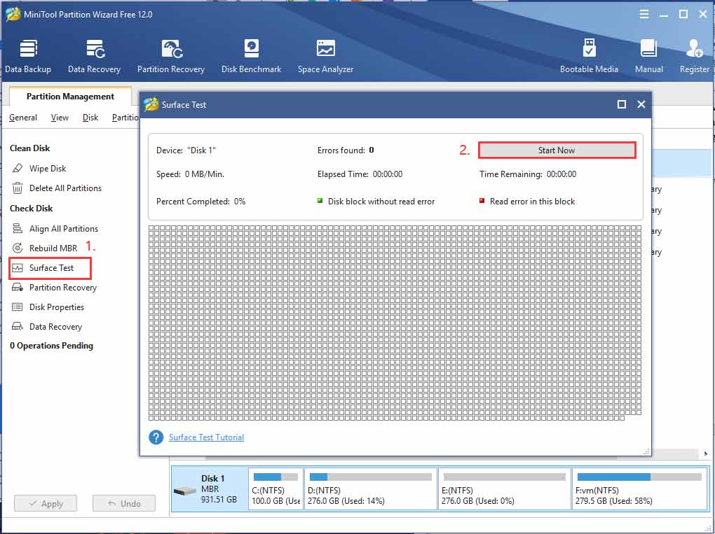 click on Start now to start a disk surface test
