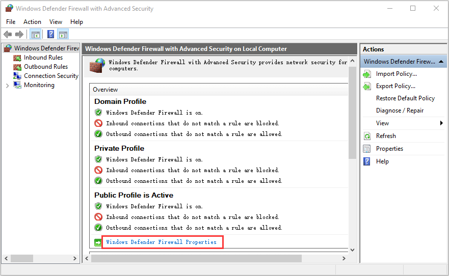 click Windows Defender Firewall Properties