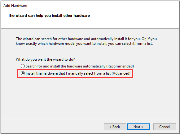 install the hardware that I manually select from a list