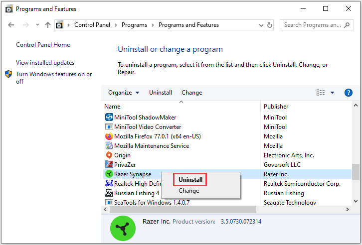 click Uninstall