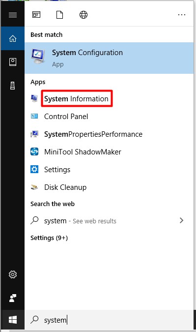 open system information from the search box