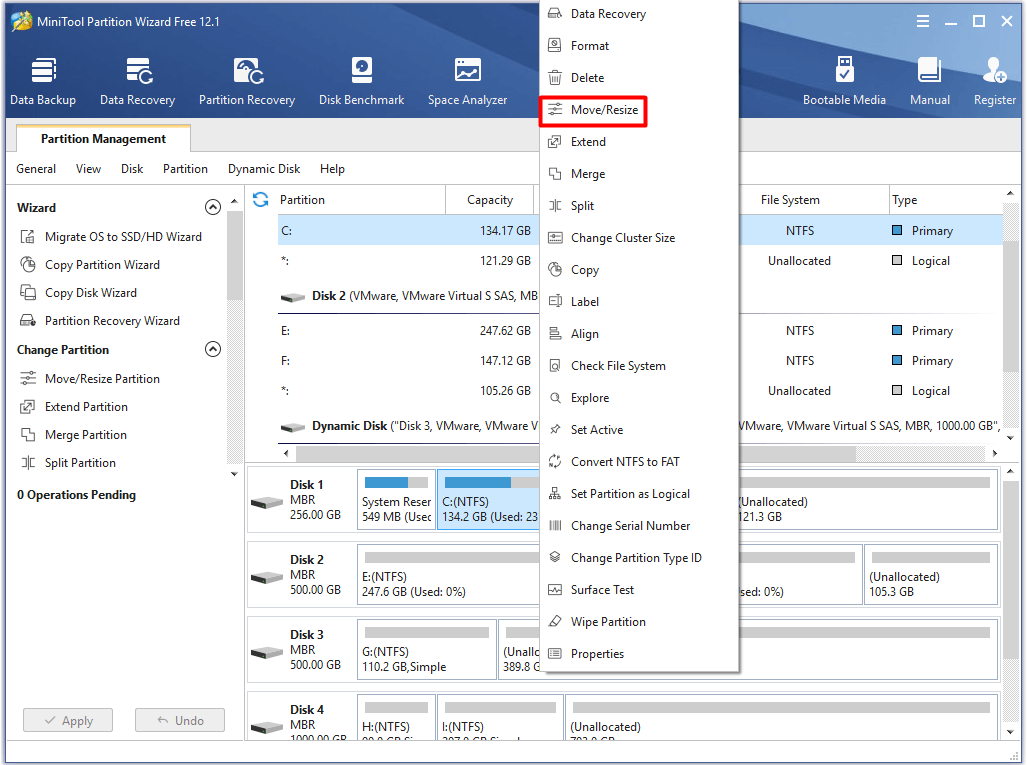 select move or resize partition feature