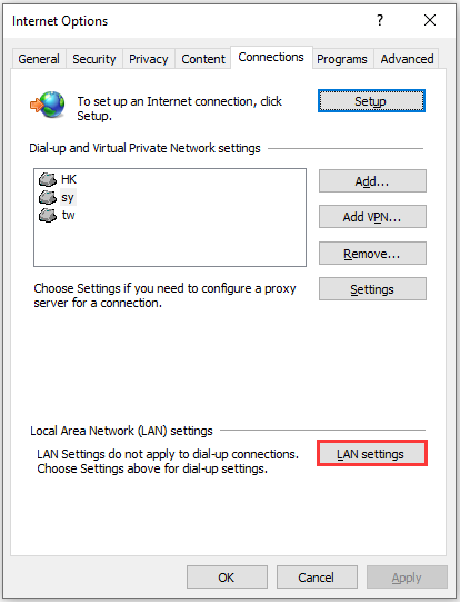 click LAN settings
