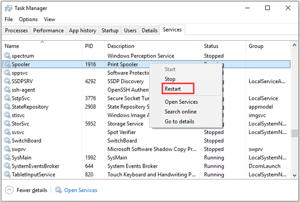 restart print spooler in Task Manager