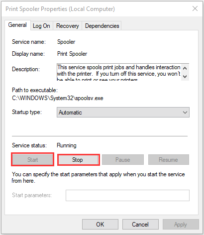 restart print spooler in its properties