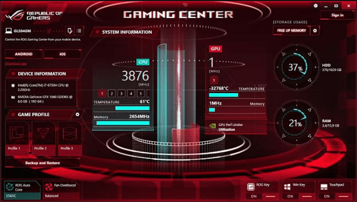 rog gaming center fan control