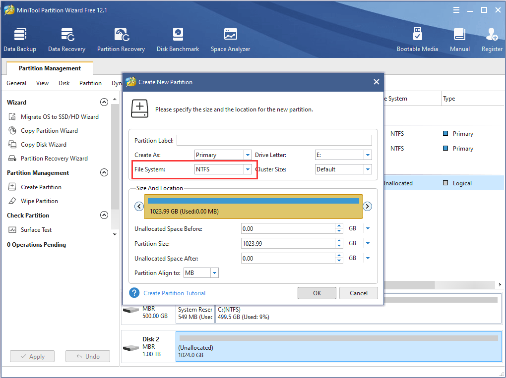 create a partition with MiniTool Partition Wizard