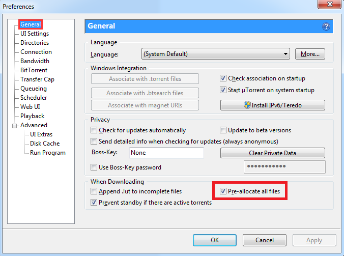 enable Pre-allocate all files uTorrent