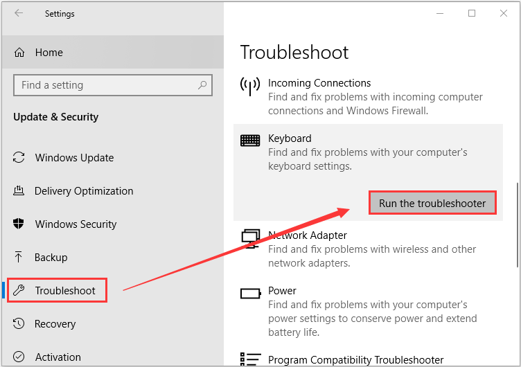 run Keyboard troubleshooter