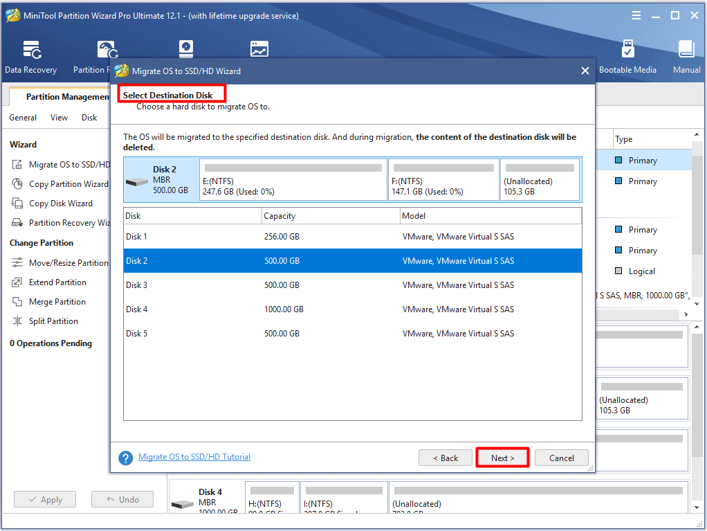 choose a destination disk and click next