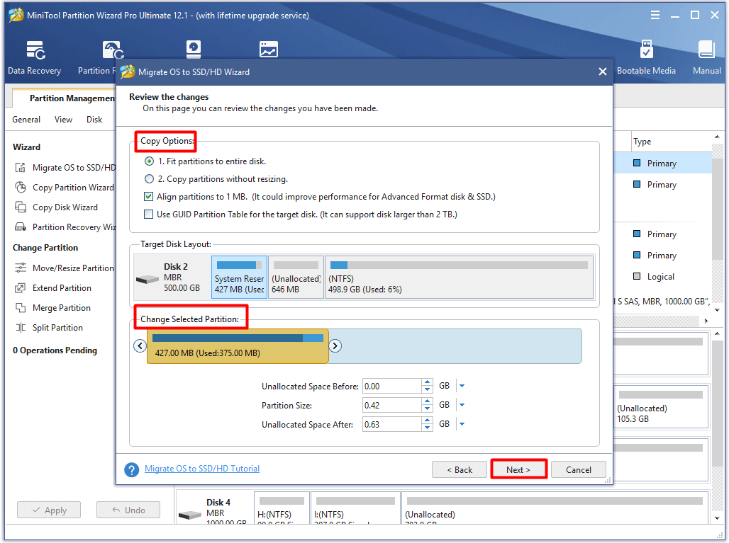 choose copy options and change selected partition